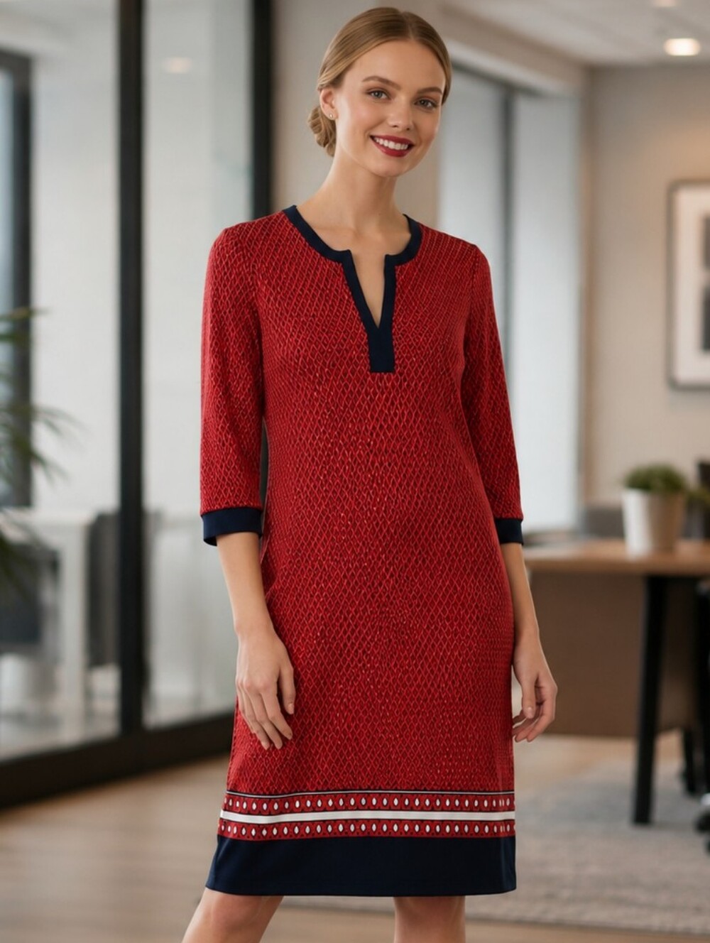 Banana Republic Red Geometric Shift Dress with Navy Trim